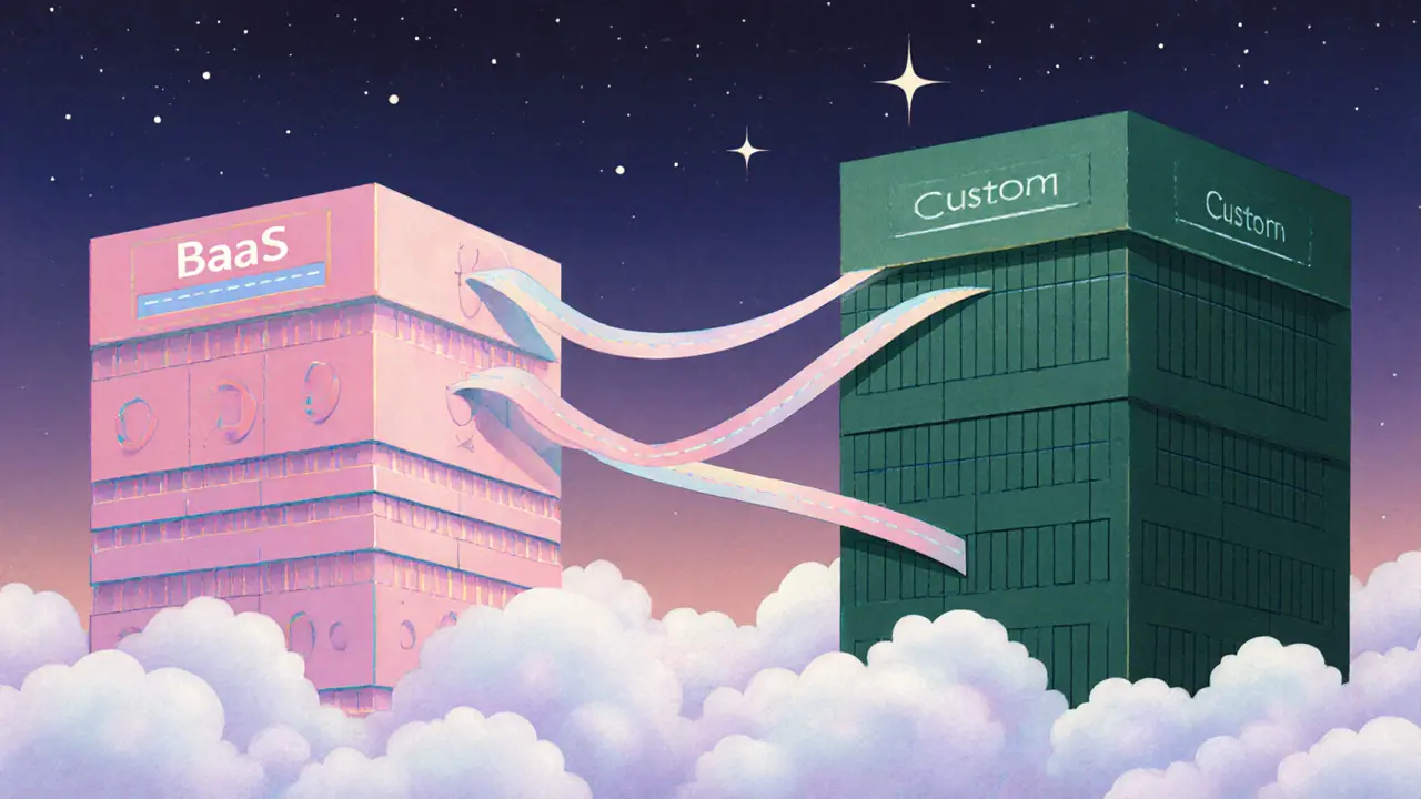 A hybrid blockchain combining cloud infrastructure and custom tower in soft pastels.