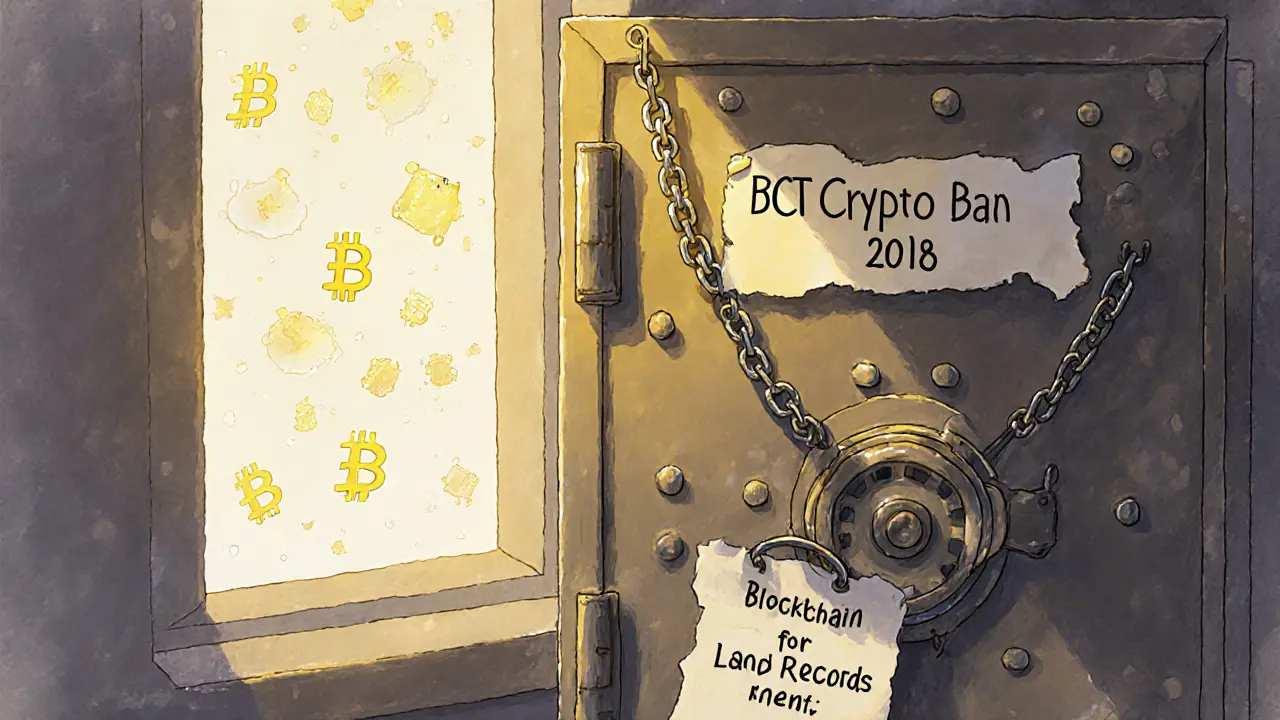 A locked government vault with floating blockchain nodes outside, depicted in delicate pastel colors.