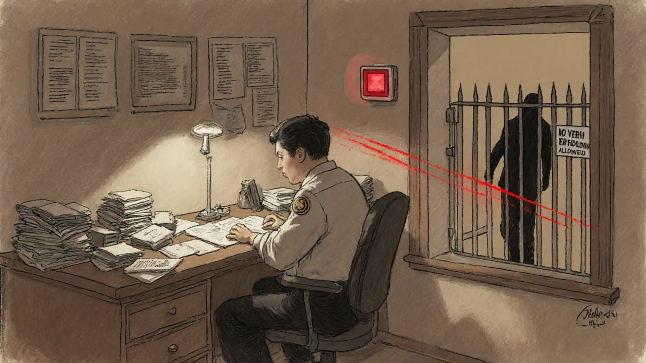 A lonely officer at a desk surrounded by unprocessed IDs, a red alarm blinking silently in the background.