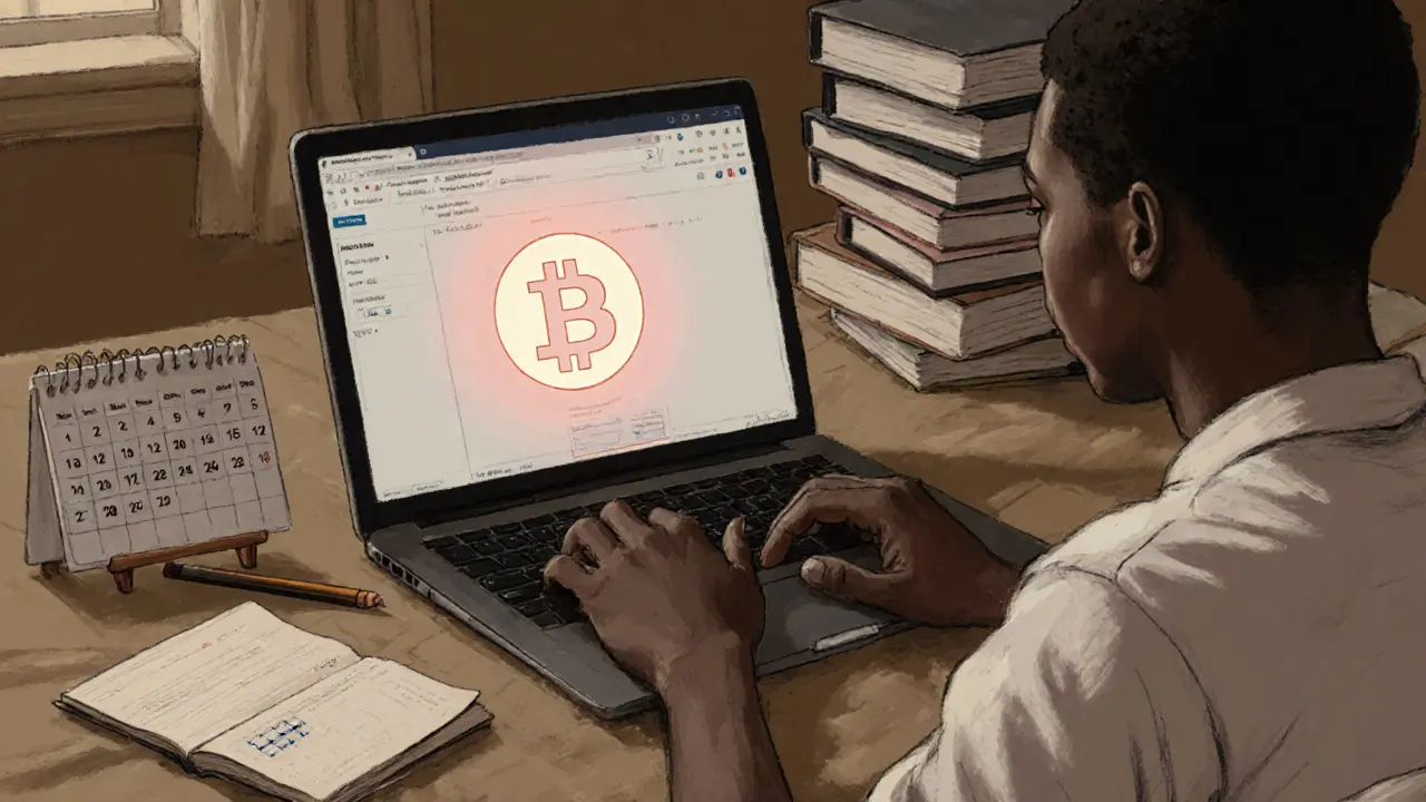 A Nigerian student uses a laptop to track crypto earnings from play-to-earn games while studying in a dorm room.