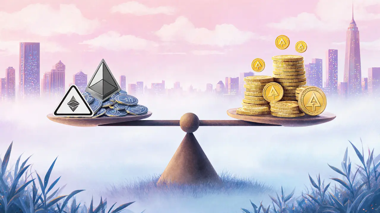 A pastel balance scale weighing ETH against reward coins and AVS symbols in a misty landscape.
