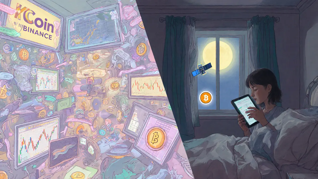 A peaceful scene of Biteeu use contrasted with a chaotic trading floor, both in gentle pastel colors.