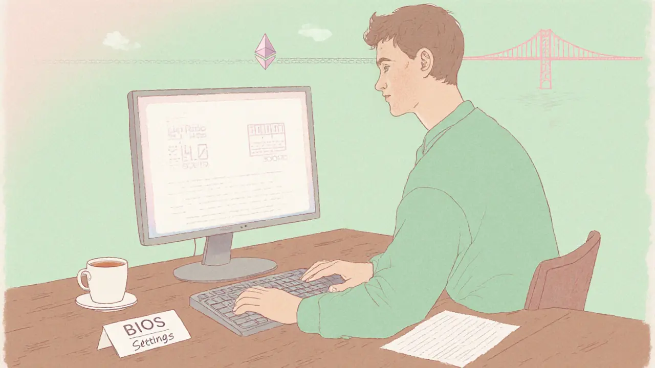 A person at a desk watching a node uptime counter, with BIOS notes and tea beside them in warm pastel tones.