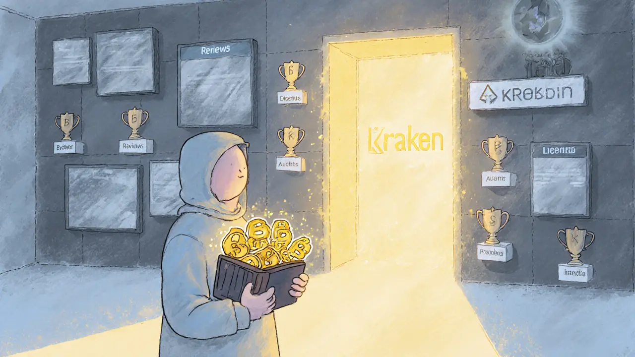 A person facing empty claims of legitimacy while trusted exchanges glow in the distance.