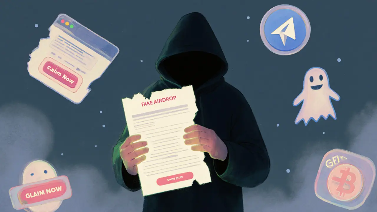 A person in shadow holding a wallet and fake airdrop screenshot, surrounded by ghostly scam icons in soft pastel tones.