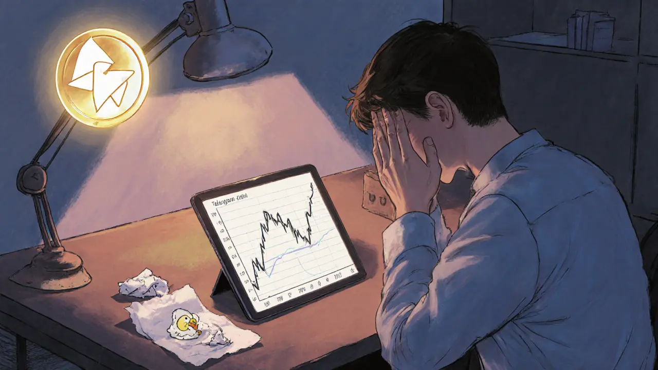 A person staring at a wild crypto chart with a sketch of a Telegram duck nearby.