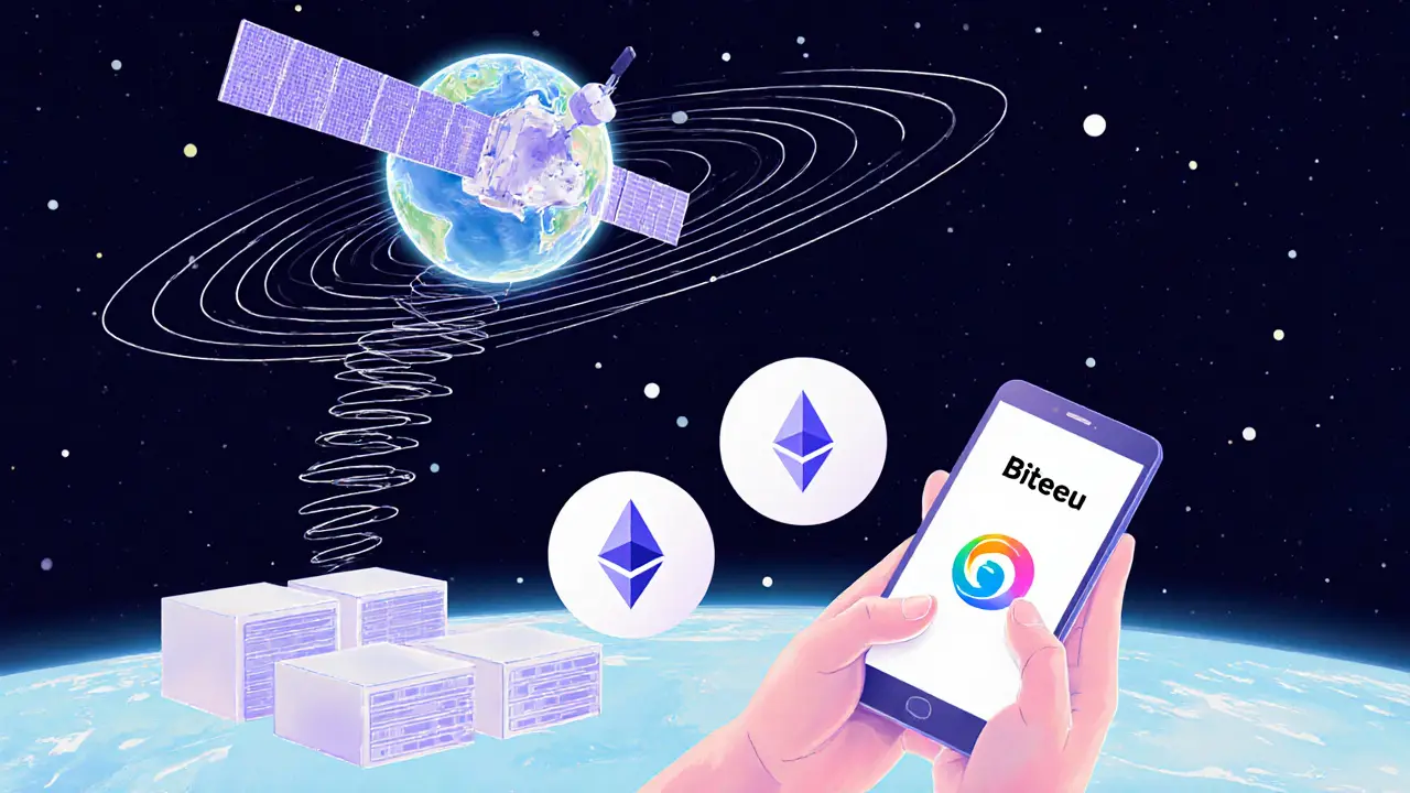 A satellite in orbit above a data center, with encrypted data rising into space and a smartphone showing Biteeu.