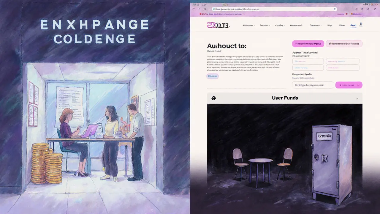 A side-by-side pastel scene showing a transparent, trustworthy exchange versus a hollow, abandoned scam platform.