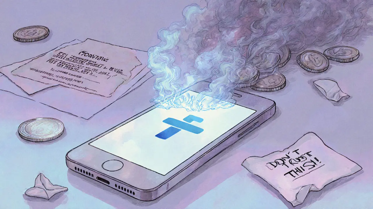A smartphone with a fading THDax logo reflected on its screen, crypto coins turning to smoke and a warning note nearby.