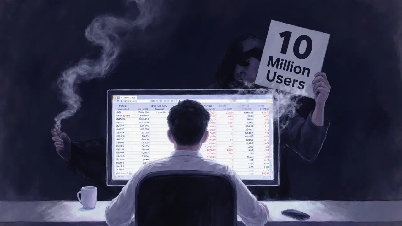 A solitary trader facing a sparse order book, while a misleading user count sign fades into smoke.