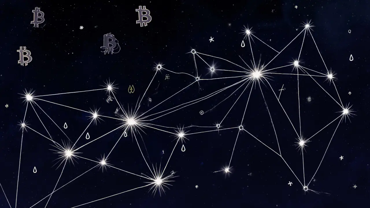 A starry night sky filled with glowing Lightning Network channels and flowing satoshi droplets in delicate pastel tones.