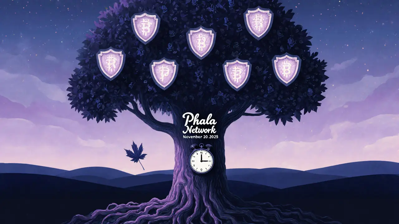 A symbolic tree with circuit roots and PHA token leaves, under a twilight sky with a countdown clock.