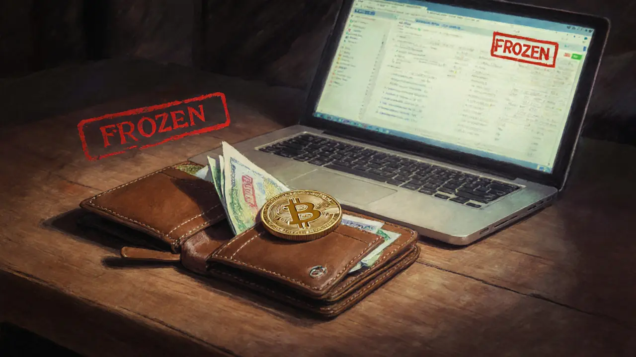 A wallet with lira notes and a Bitcoin coin on a table, laptop showing a frozen transaction under soft morning light.