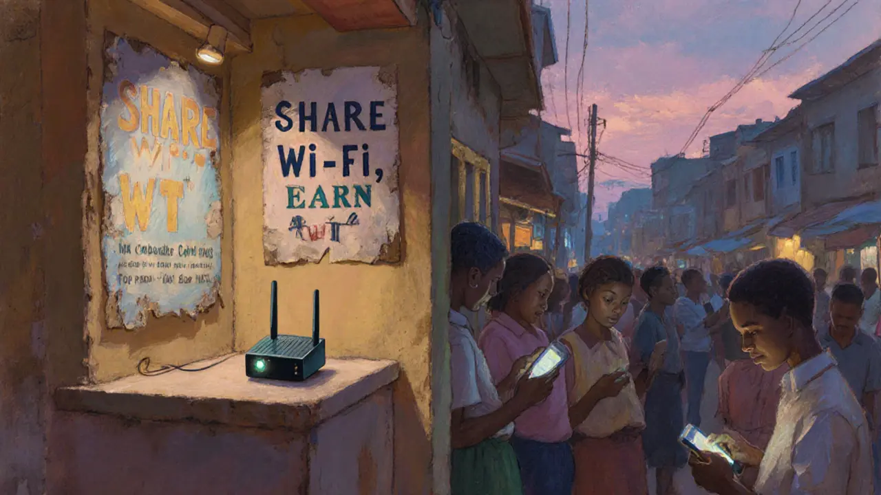 A Wicrypt router in a Lagos street scene with people using phones, faded poster behind it in muted dusk tones.