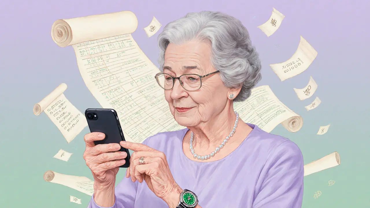 An elderly woman verifying a Rolex watch with her phone, surrounded by a blockchain ledger in pastels.