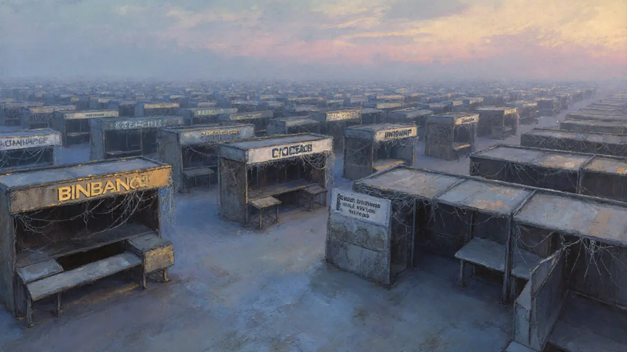 An empty trading floor with mostly abandoned stalls, two tiny ones labeled Web3.World in the corner.