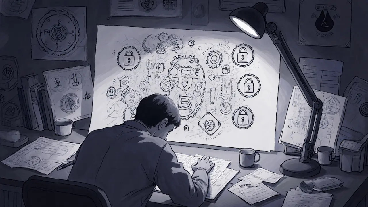 An engineer working alone with complex blockchain blueprints under a dim lamp.