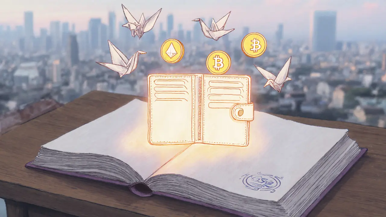 An open book and glowing wallet emblem with floating crypto coins on a wooden table.
