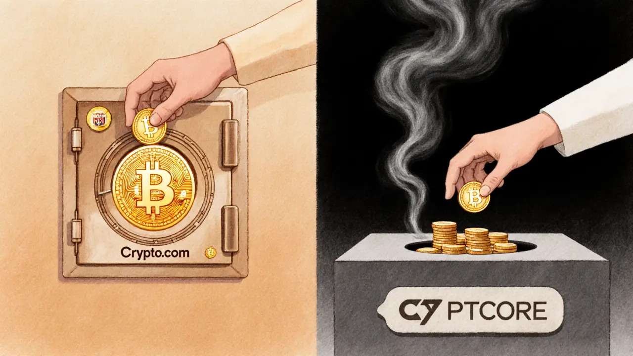 Contrasting hands depositing crypto into a secure vault versus a dark void.
