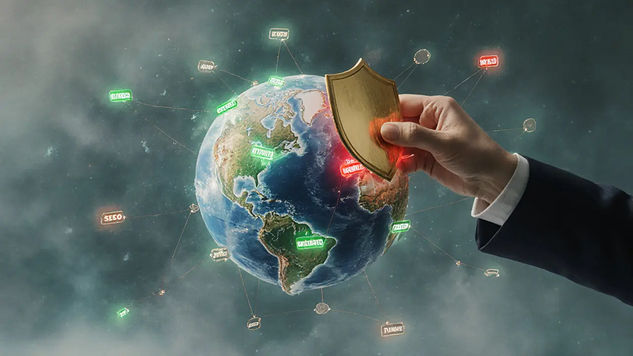 Digital globe with sanctioned crypto addresses in red and compliant in green, connected to U.S. financial centers