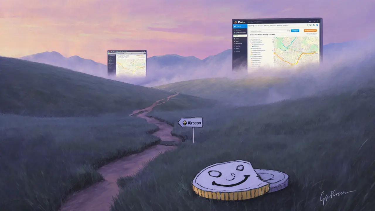 Empty digital landscape at dusk with real blockchain explorers glowing, while a broken path to GFI disappears into fog.