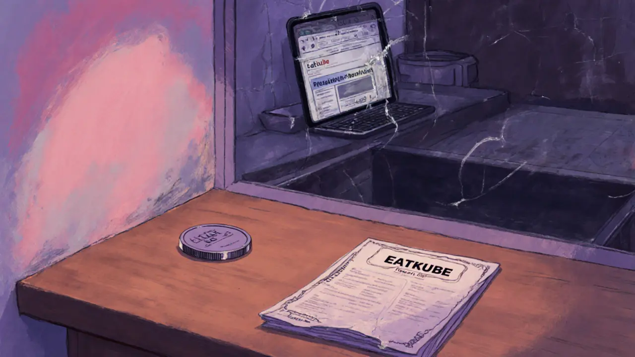 Empty EatKube kitchen with a lone KUBE token on a counter at dusk