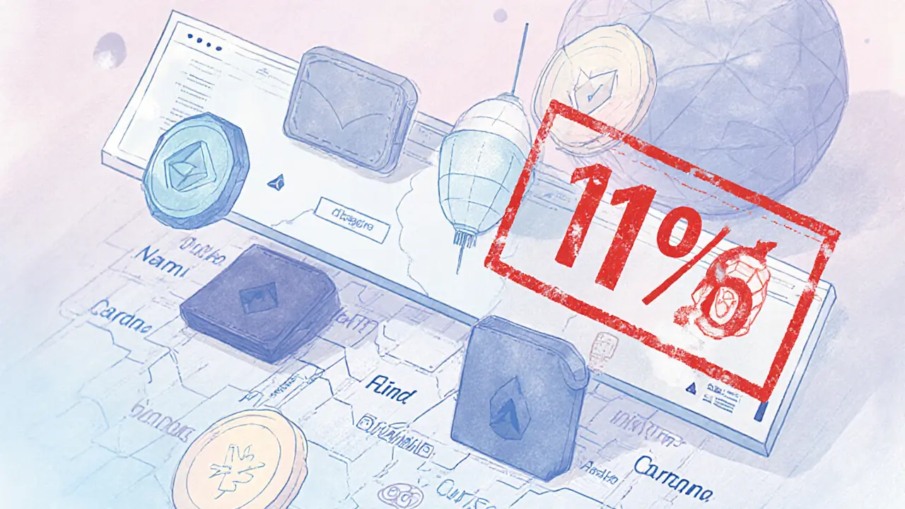 Floating Cardano wallets around a blockchain diagram with a large 1% fee stamp in pastel tones.