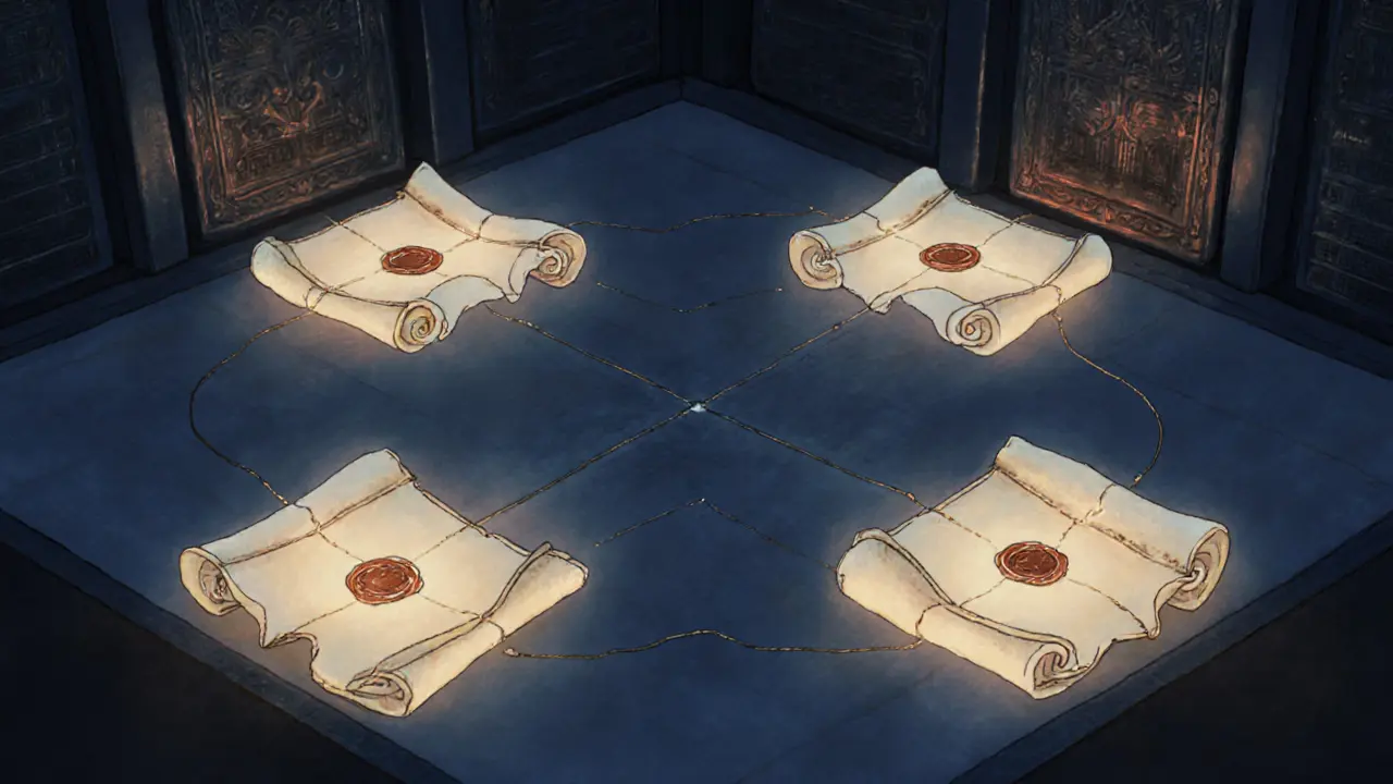 Four parchment nodes connected by golden threads, one damaged, in a quiet server room.