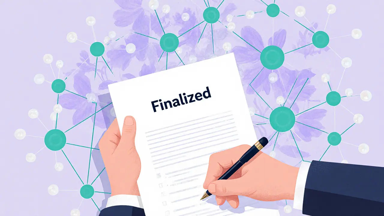 Hand signing a final transaction amid a floral network of 12 pastel nodes.