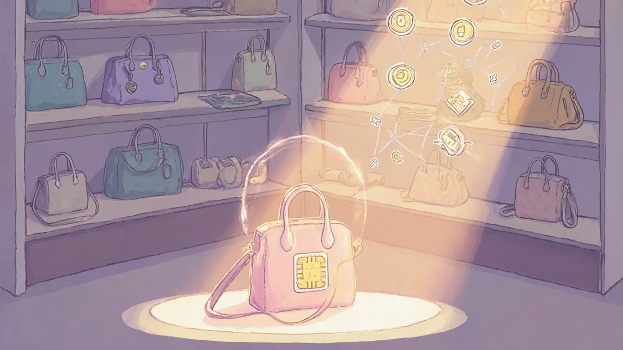 Luxury items in a boutique, each connected by delicate pastel lines to digital ownership tokens.