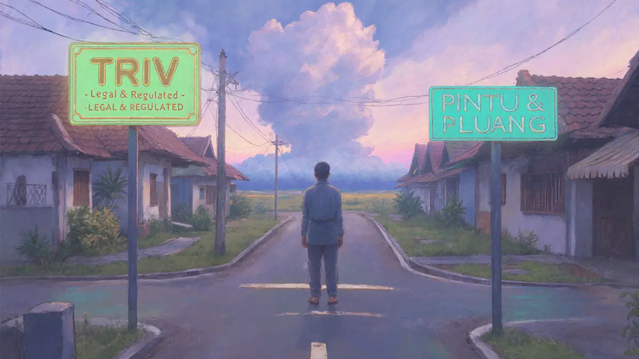 Person at a crossroads choosing between TRIV and other exchanges, pastel landscape with regulatory storm.