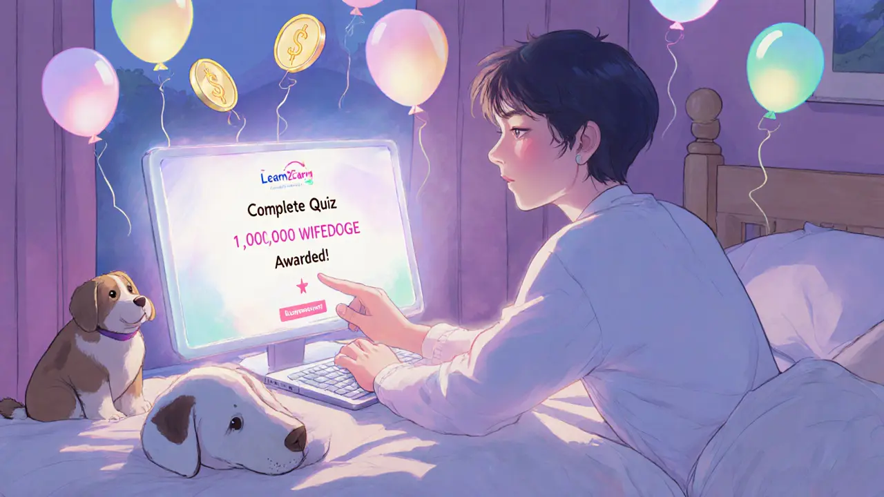 Person smiling at a laptop receiving free WIFEDOGE tokens from a Learn2Earn quiz, pastel lighting.