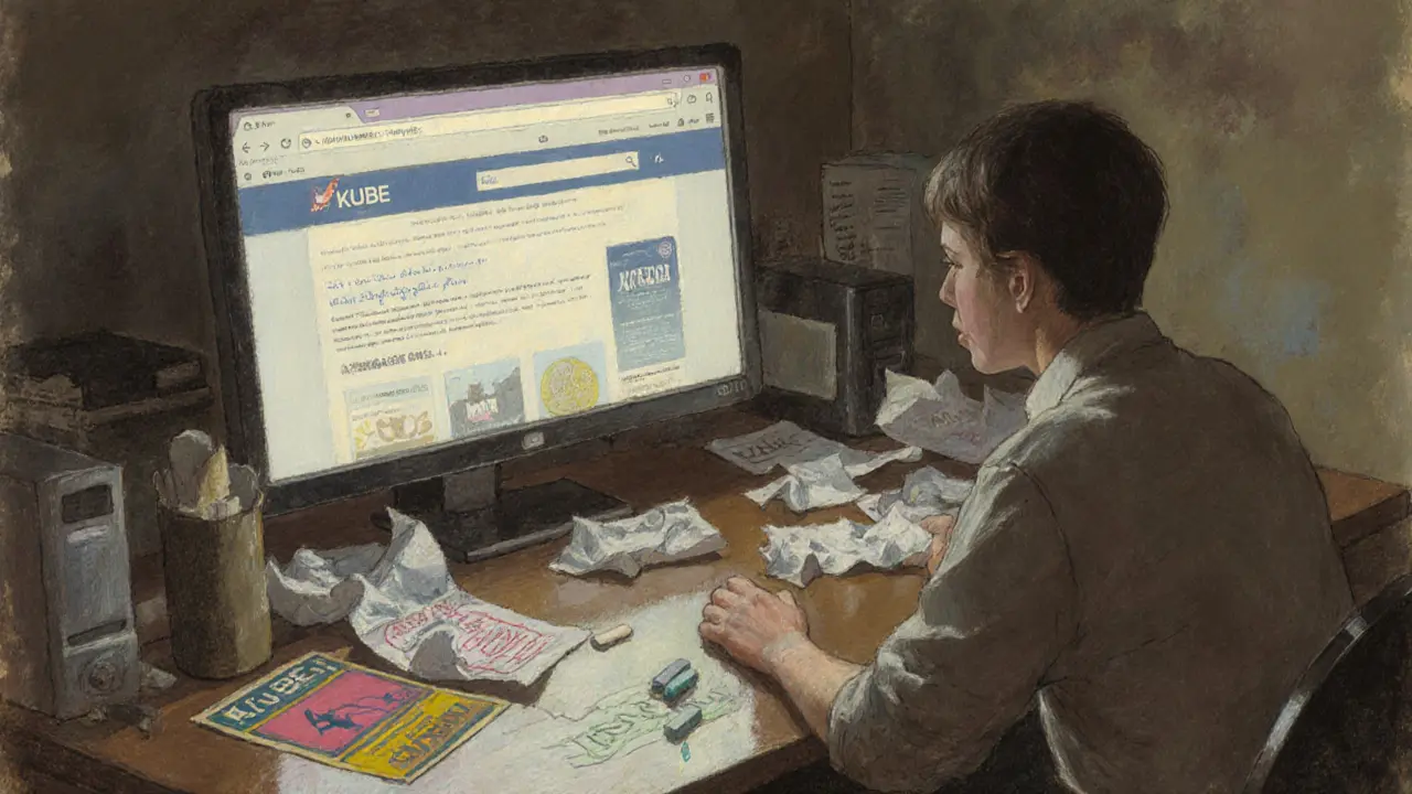 Person staring at a blank screen reflecting a fake KUBE airdrop website