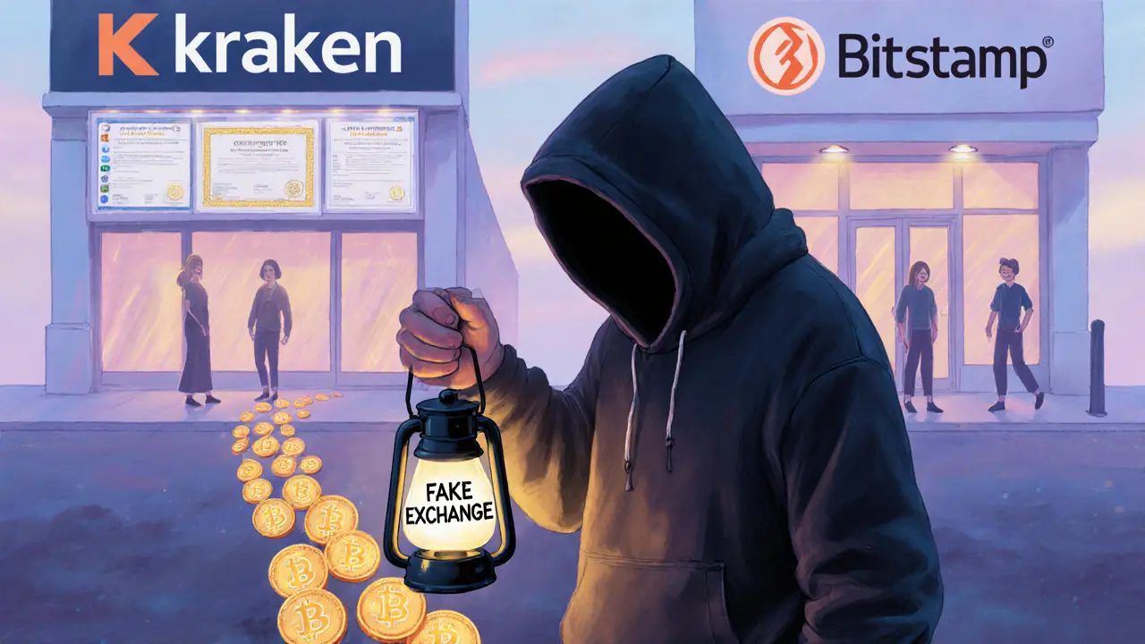 Shadowy figure luring coins into darkness while legitimate exchanges shine safely behind.