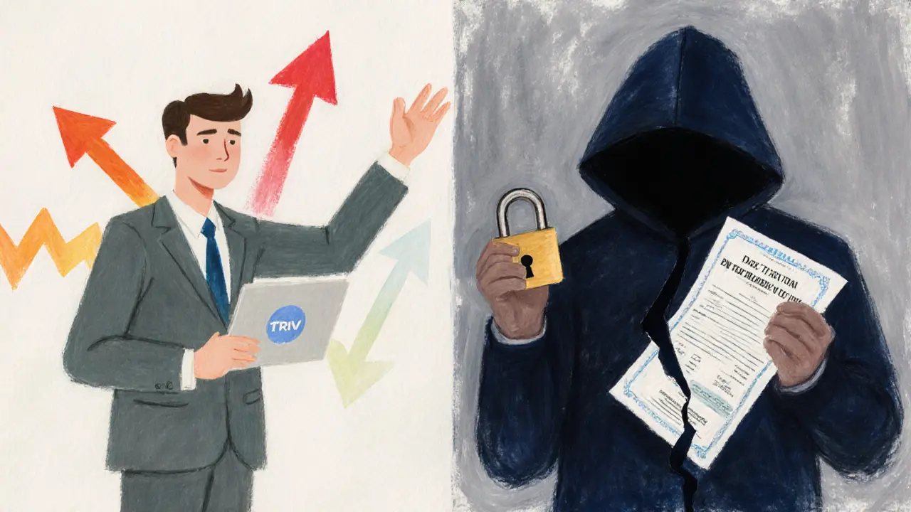 Split scene: high-leverage crypto trading vs. broken security symbols, rendered in soft pastels.