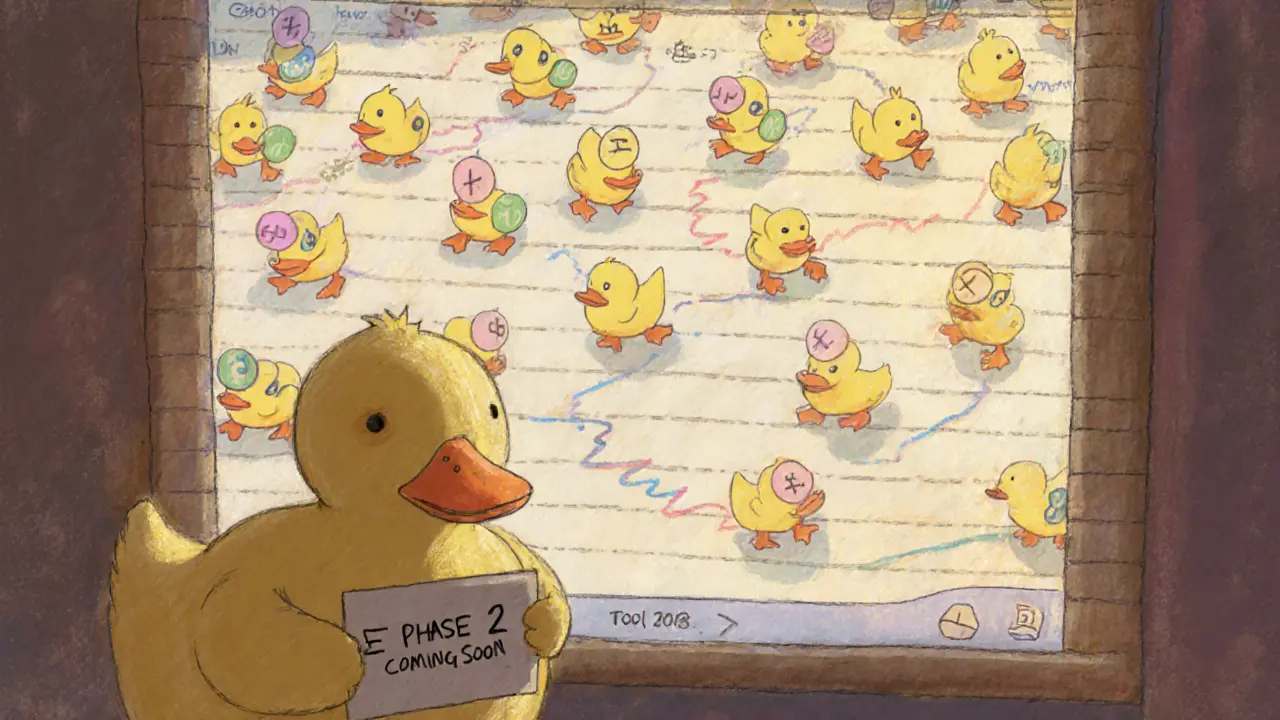 Tiny pastel ducks waddling across a Telegram screen with price symbols.