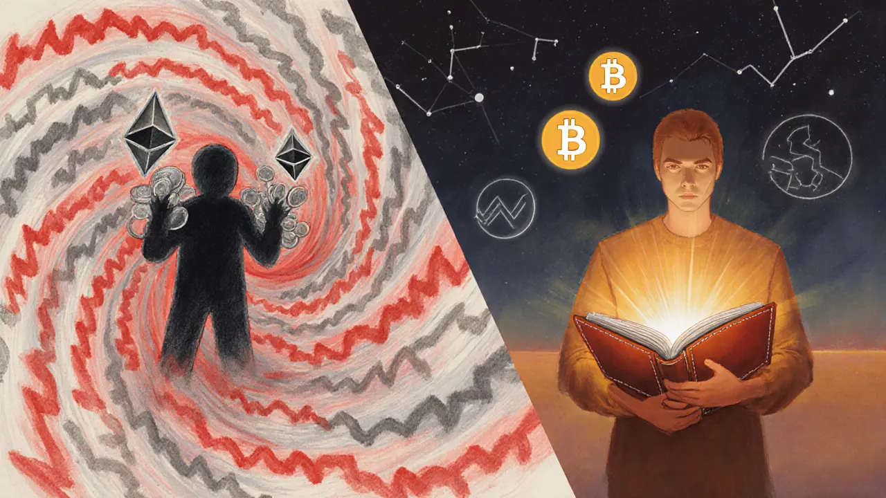 Two contrasting paths: panic selling vs. steady HODLing, rendered in gentle pastel colors with market indicators.