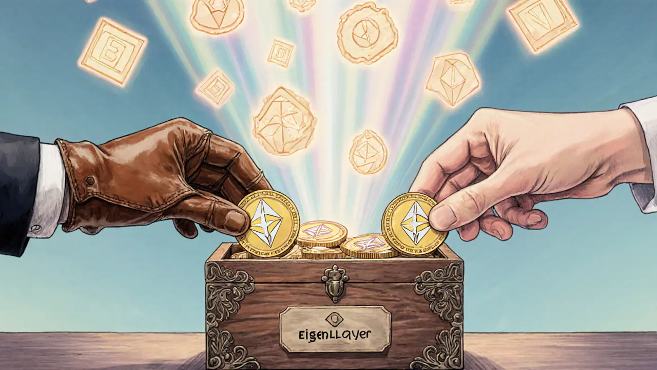 Two hands placing ETH into a shared box labeled EigenLayer, with glowing AVS icons above.