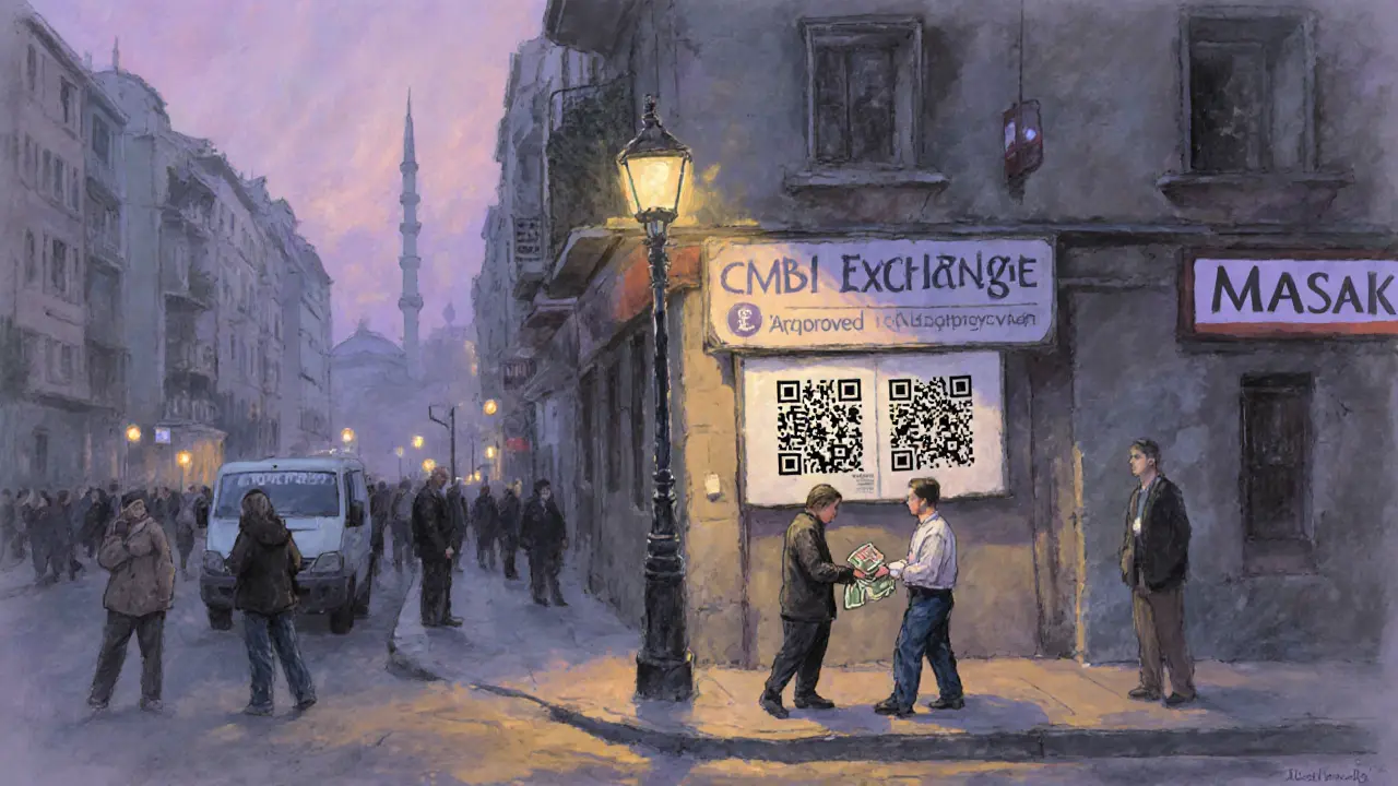 Two people exchanging cash for crypto in a dim Istanbul alley, with a licensed exchange sign and a police vehicle nearby.