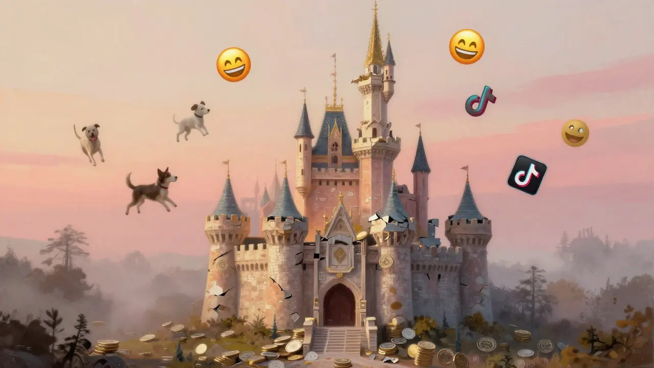 A crumbling castle made of CREPE tokens dissolving into a foggy landscape of floating internet memes.