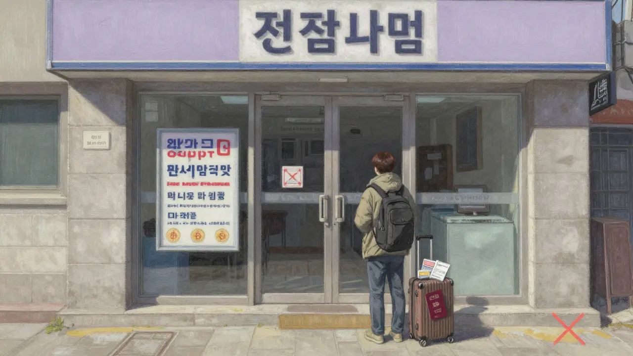 A foreign traveler outside a Korean bank, looking longingly at approved crypto bank signs.