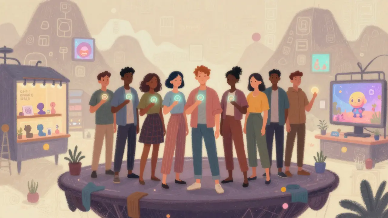 A group of people holding glowing RACA tokens in a peaceful metaverse environment.