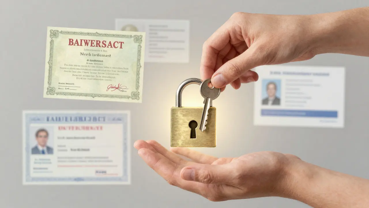 A hand placing a key into a blockchain-shaped lock, surrounded by floating digital credentials.