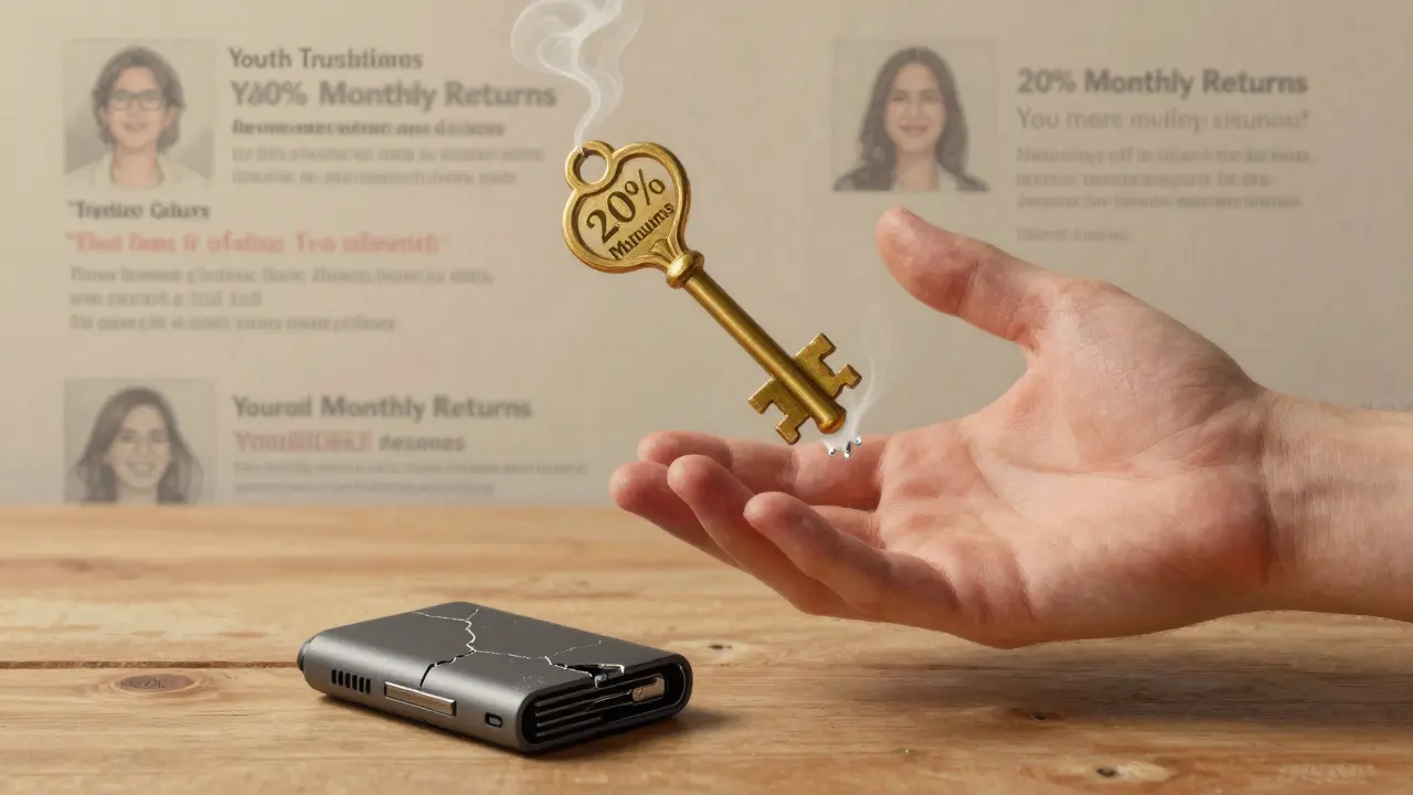 A hand reaching for a melting golden key labeled with fake crypto returns, while a hardware wallet sits safely on a table.