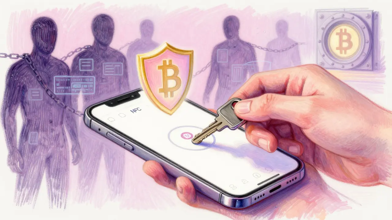 A hand tapping a hardware key on a smartphone, with a protective shield and fading digital threats around it.