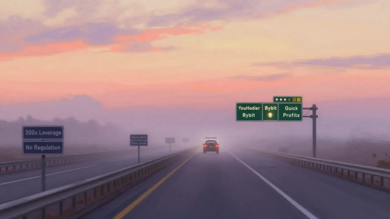 A highway with disappearing StormGain car and three glowing exit signs labeled YouHodler, Bybit, and Kraken.