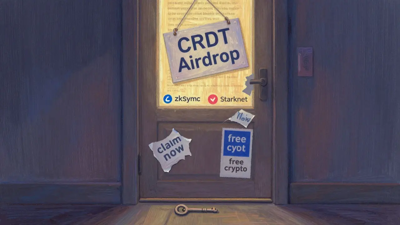 A locked door labeled 'CRDT Airdrop' with peeling scam stickers, while real project logos glow faintly behind it.