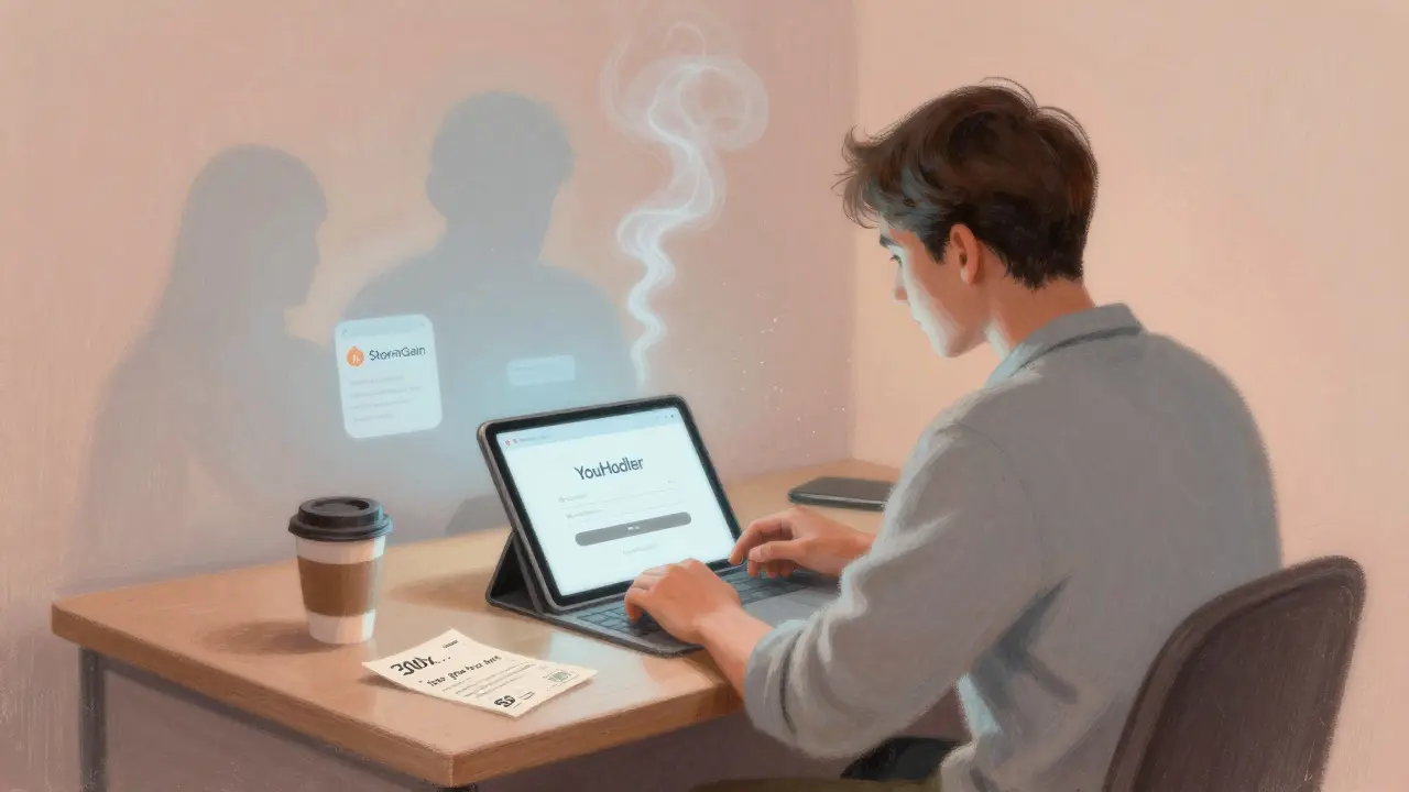 A lone trader facing a YouHodler login screen as StormGain's interface fades behind them in soft pastel tones.