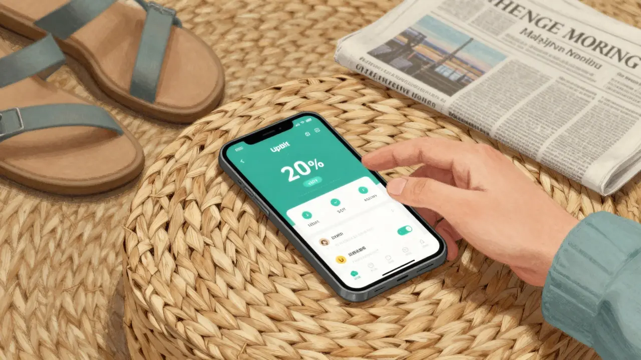 A mobile phone showing a crypto price alert beside traditional Indonesian household items.