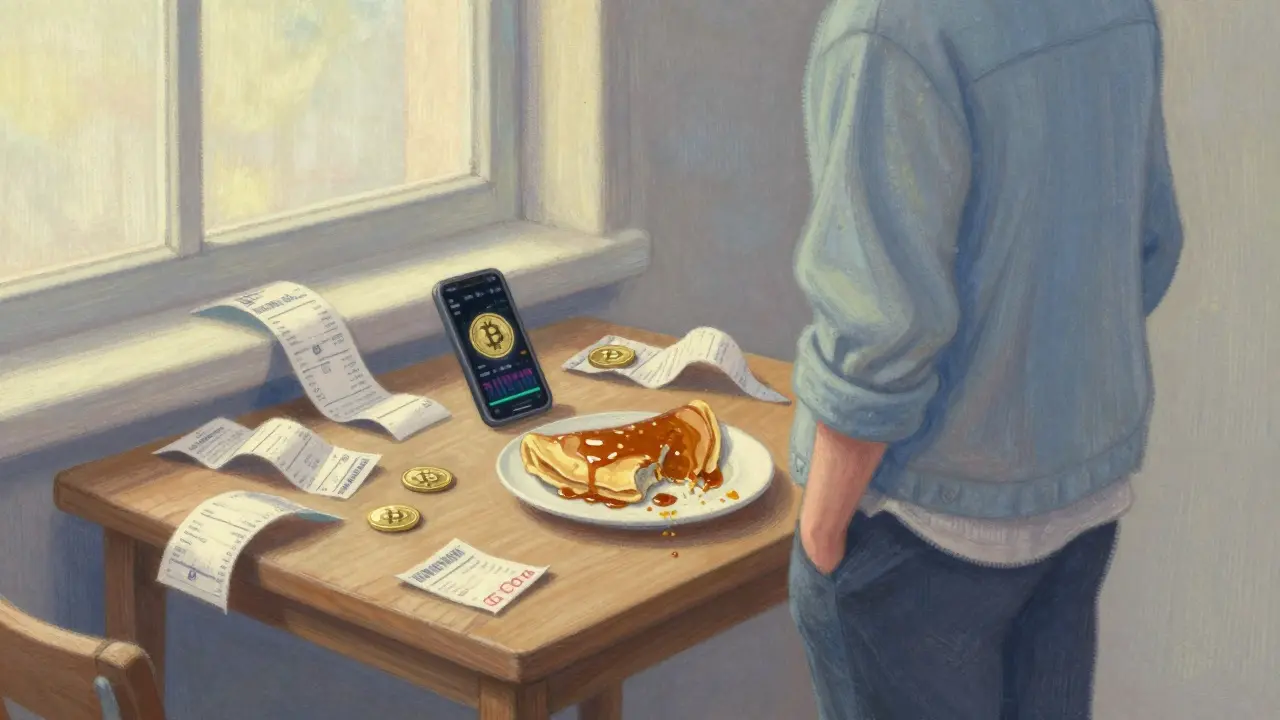 A person at a table with crepes and a crypto chart, bathed in soft morning light, reflecting on meme coin speculation.